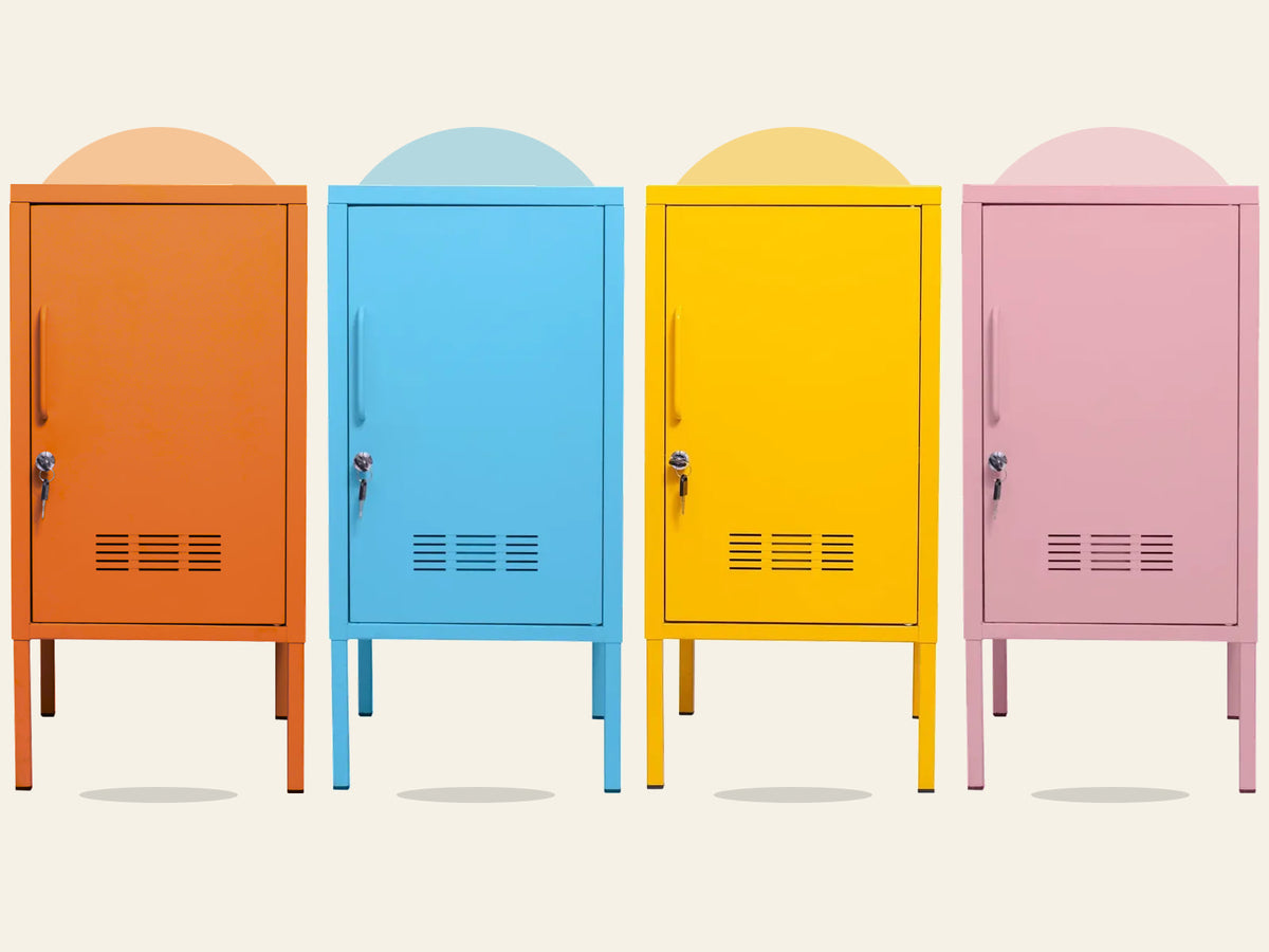 Armários LockStock laranja, tiffany, amarelo e rosa em composição de cores