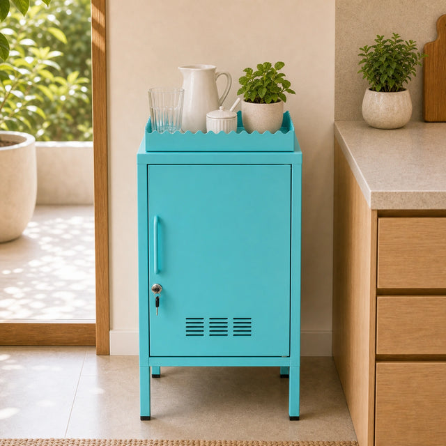 Kit Armário Multiuso em Aço Tiffany + Bandeja Decorativa LockStock